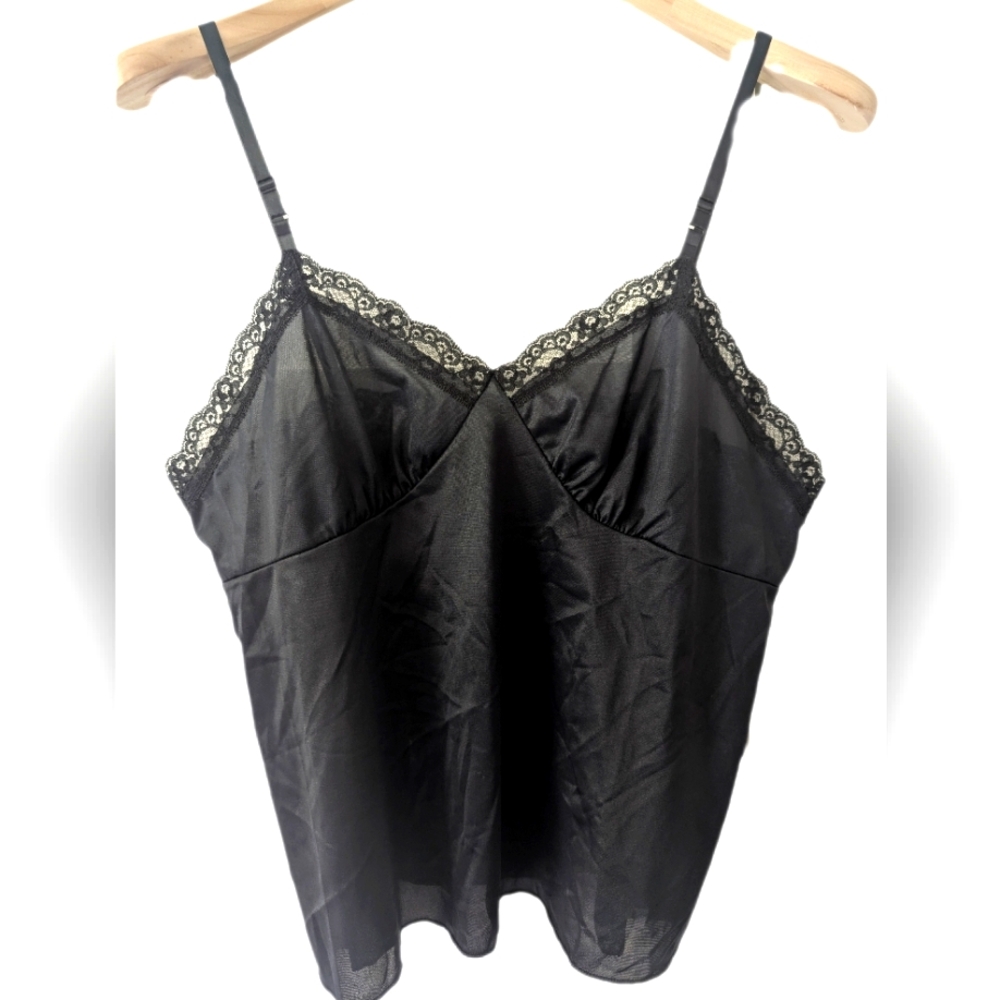 Vintage 1990's Deena Black Lace Camisol Nylon Satin Adjustable Straps -L-